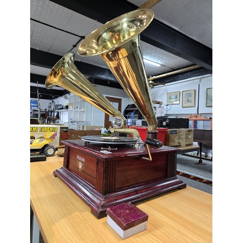 293 - An unusual rare reproduction twin brass horn Victrola gramophone featuring 2 large brass horns, the ... 