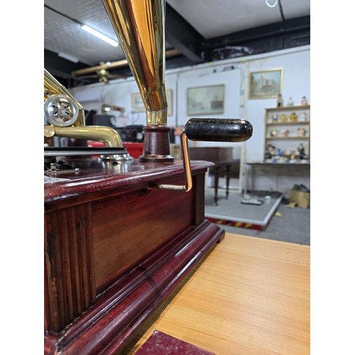 293 - An unusual rare reproduction twin brass horn Victrola gramophone featuring 2 large brass horns, the ... 