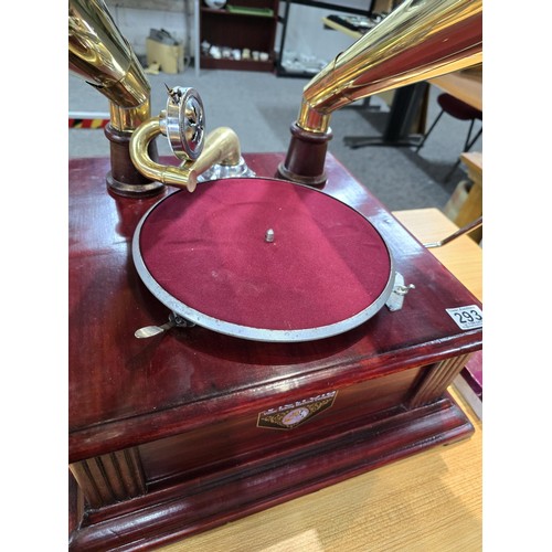 293 - An unusual rare reproduction twin brass horn Victrola gramophone featuring 2 large brass horns, the ... 