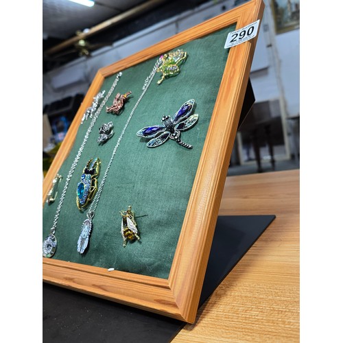 290 - A good display board of costume jewellery, (display board is included) which includes an ornate jewe... 