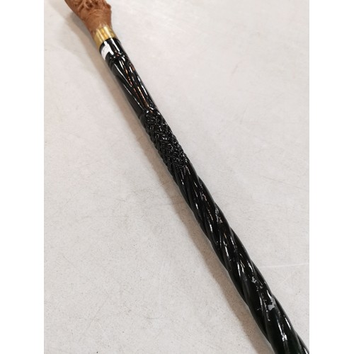 2 - Bird of Prey formed resin topped, black carved shaft walking stick