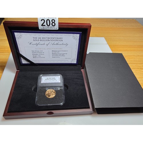 208 - An as new UK 2017 full gold sovereign for the 2017 bicentenary, struck in 22ct solid gold with a wei... 