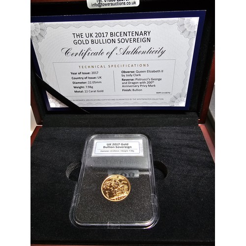 208 - An as new UK 2017 full gold sovereign for the 2017 bicentenary, struck in 22ct solid gold with a wei... 