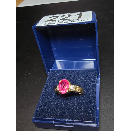 221 - Stunning hallmarked 9ct yellow gold ring inset with a large oval natural ruby faceted gemstone with ... 