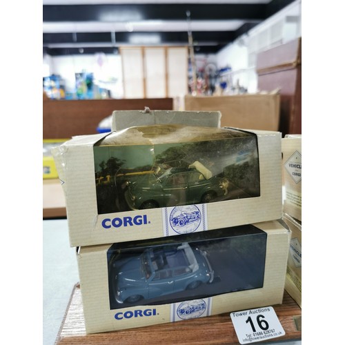 16 - Collection of 6x various Morris Minor Corgi diecast model cars in original boxes along with a wooden... 