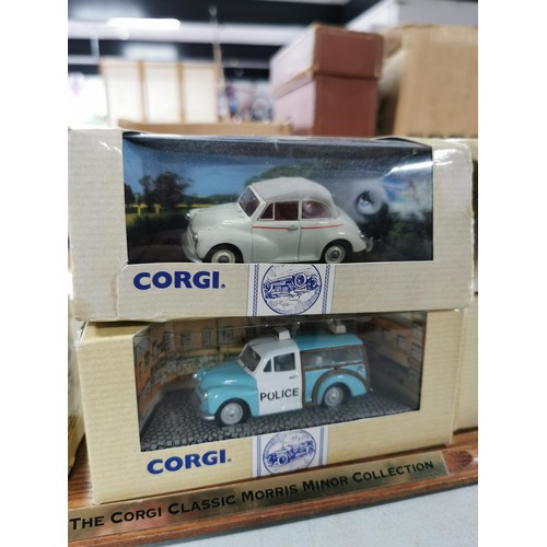 16 - Collection of 6x various Morris Minor Corgi diecast model cars in original boxes along with a wooden... 