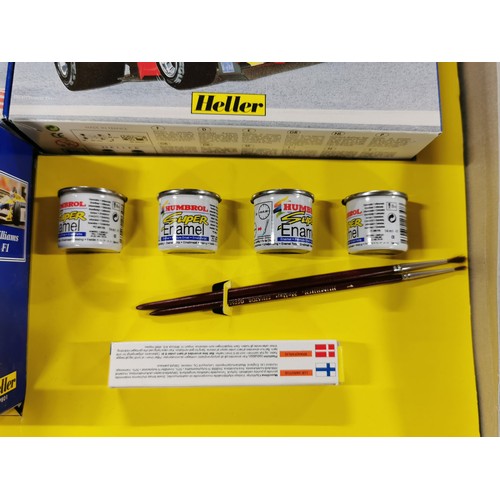 15 - Heller Collection model kits set of 3x boxed F1 model cars, along with paints and brushes, appears u... 