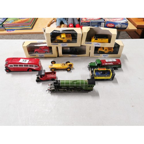 19 - Qty of various diecast model vehicles, cars, trucks, bus and loco, Tri-ang Scalextric Lotus car. The... 