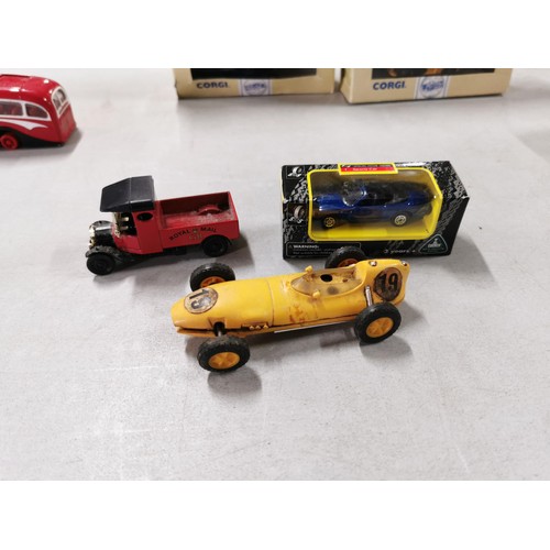 19 - Qty of various diecast model vehicles, cars, trucks, bus and loco, Tri-ang Scalextric Lotus car. The... 