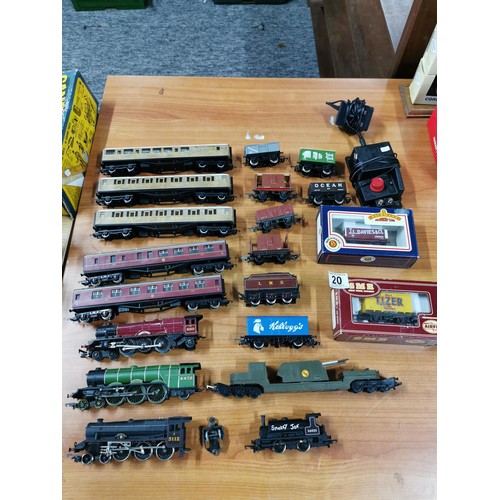 20 - Qty of model railways items to include locomotives, cars, rolling stock, coaches, train controller e... 