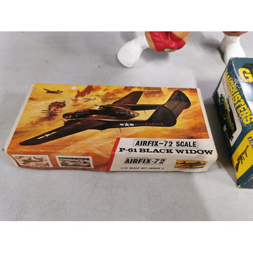 22 - 2x Airfix model kits and large wrestling figure. Airfix 1:72 scale  P-61 Black Widow & Airfix Gangbu... 