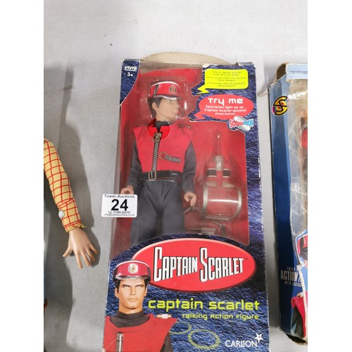 24 - Collectable Captain Scarlet action figures, two are in original boxes along with a Toy Story woody d... 