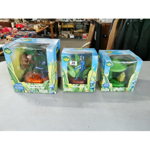 26 - 3x boxed and unused collectable A Bug's Life items to include Flik Coin Bank, Heimlich talking lamp ... 