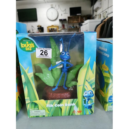 26 - 3x boxed and unused collectable A Bug's Life items to include Flik Coin Bank, Heimlich talking lamp ... 