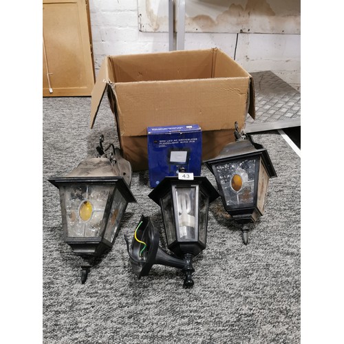 43 - Box of outdoor wall lantern lights, two are matching with stained glass.