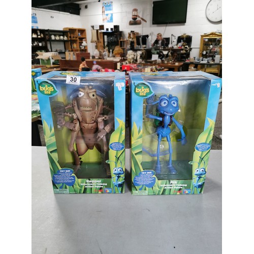 30 - 2x large boxed and unused A Bugs Life interactive talking action figures of Hopper and Flick.