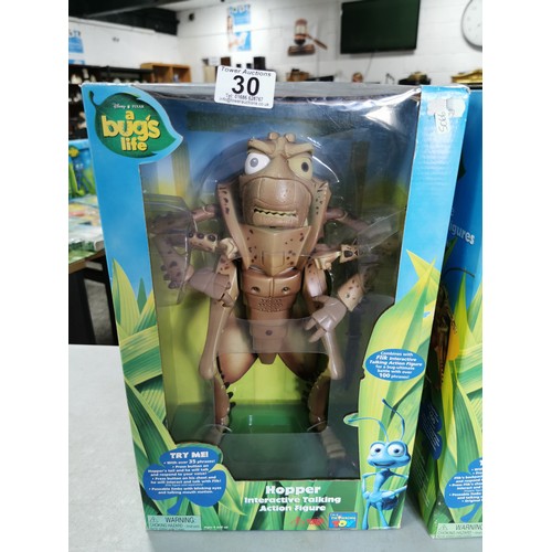 30 - 2x large boxed and unused A Bugs Life interactive talking action figures of Hopper and Flick.