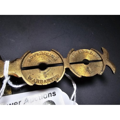 202 - A pair of antique brass sovereign scales for a full sovereign and half sovereign, marked for Harriso... 