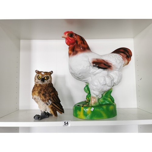 54 - Very large resin chicken hen figure, and resin owl figure well painted and moulded. Chicken measures... 