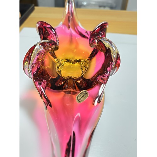 123 - A good quality Bohemia glass vase with striking pink to amber colours,complete with its original box... 