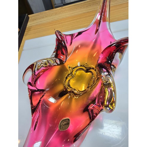 123 - A good quality Bohemia glass vase with striking pink to amber colours,complete with its original box... 