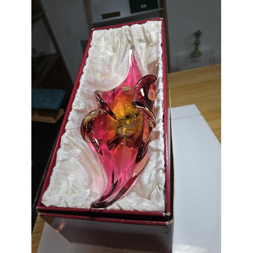 123 - A good quality Bohemia glass vase with striking pink to amber colours,complete with its original box... 