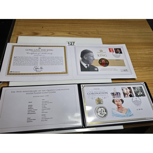 127 - 2x stamped coin covers to include Jubilee mint 70th anniversary of the Queens Coronation silver plat... 