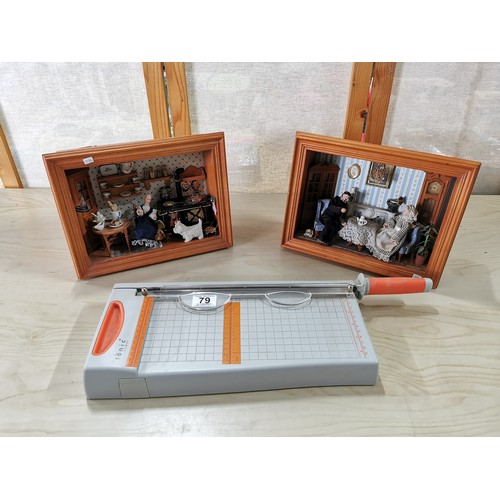 79 - 2x wooden framed room displays for dollhouses along with tabe Tonic paper guillotine.