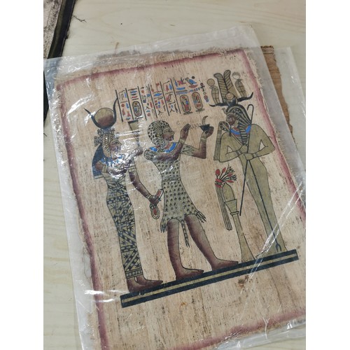 81 - 3x hand painted Egyptian papyrus art along with interesting African style fabric.