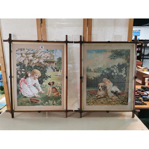 86 - 2x framed prints (one is glazed), one of the prints is of a girl playing with her dog and kitten in ... 