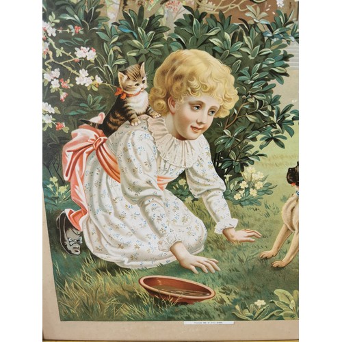 86 - 2x framed prints (one is glazed), one of the prints is of a girl playing with her dog and kitten in ... 