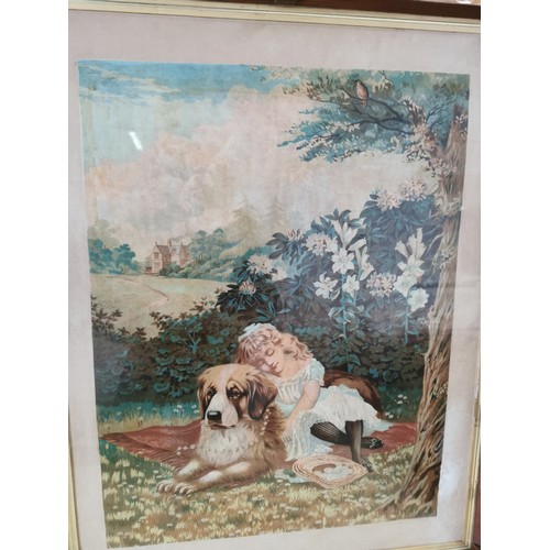 86 - 2x framed prints (one is glazed), one of the prints is of a girl playing with her dog and kitten in ... 