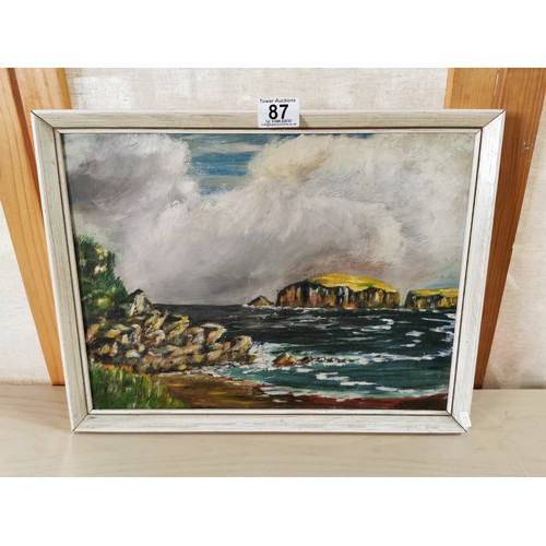 87 - Original signed oil painting on board of a seascape and islands, has an indecipherable signature. Fr... 