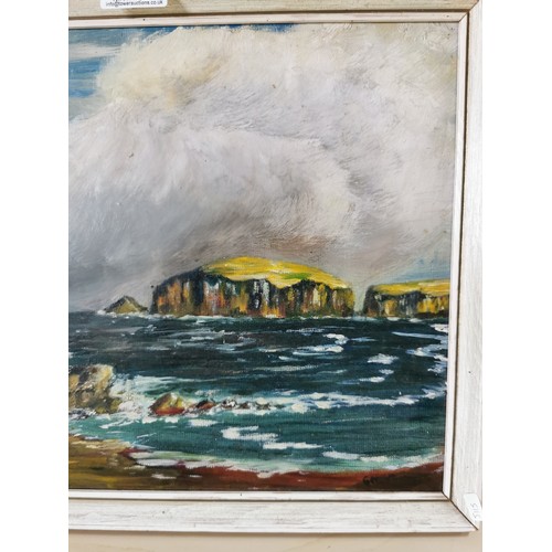 87 - Original signed oil painting on board of a seascape and islands, has an indecipherable signature. Fr... 