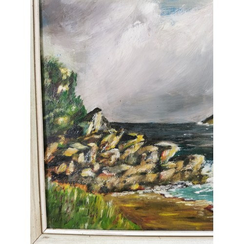 87 - Original signed oil painting on board of a seascape and islands, has an indecipherable signature. Fr... 