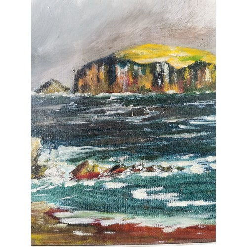 87 - Original signed oil painting on board of a seascape and islands, has an indecipherable signature. Fr... 