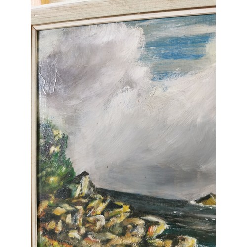 87 - Original signed oil painting on board of a seascape and islands, has an indecipherable signature. Fr... 