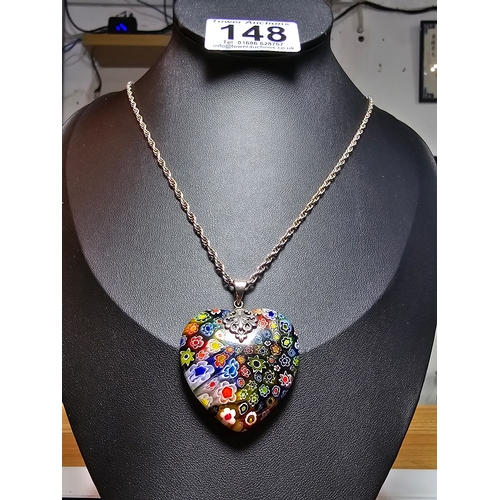 148 - A stunning 925 silver Murano Italy necklace which features a large & impressive heart formed art gla... 