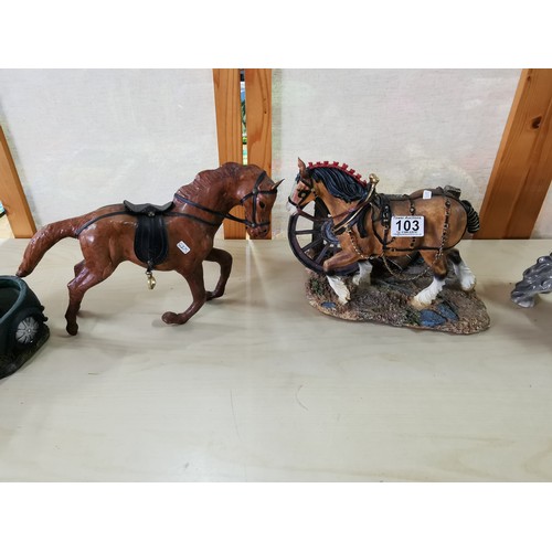 103 - Qty of good quality figurines which includes resin shire horse and cartwheel, glazed ceramic Schnauz... 