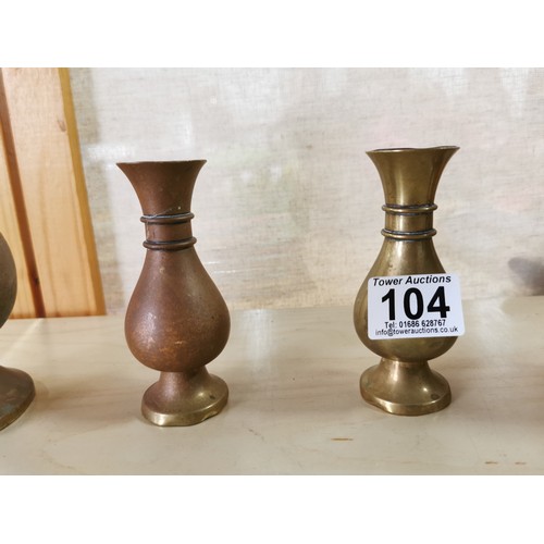 104 - 5x Antique heavy brass church alter flower bud vases, largest has etched initials marked to the fron... 