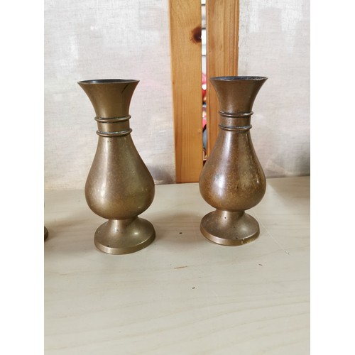 104 - 5x Antique heavy brass church alter flower bud vases, largest has etched initials marked to the fron... 