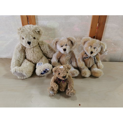 111 - Qty 4x soft teddy bears to include Blue Foot Bear Company, Marks & Spencer bear and 2x Russ Kipling ... 