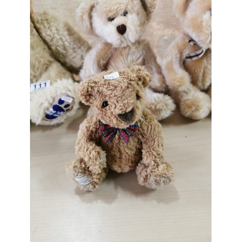 111 - Qty 4x soft teddy bears to include Blue Foot Bear Company, Marks & Spencer bear and 2x Russ Kipling ... 