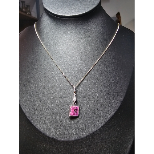 170 - Pretty 925 Silver pendant inset with a striking pink cz crystal stone and smaller clear crystal ston... 