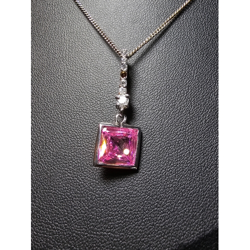 170 - Pretty 925 Silver pendant inset with a striking pink cz crystal stone and smaller clear crystal ston... 