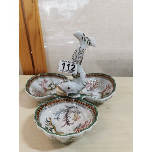 112 - Vintage Wong Lee 3 part hand painted Koi fish and clam shell formed candy serving dish. Height measu... 