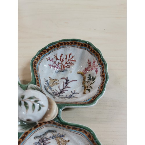 112 - Vintage Wong Lee 3 part hand painted Koi fish and clam shell formed candy serving dish. Height measu... 