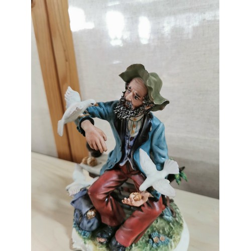 115 - Vintage Capodimonte porcelain figure of a seated man on a wall surrounded by doves. Very small nibbl... 