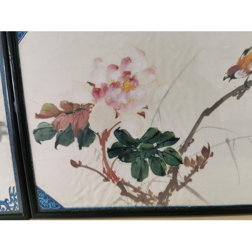 94 - Pair of framed and glazed Japanese hand painted signed (with character marks) silk pictures of birds... 