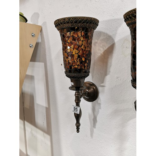 95 - Pair of bronze effect amber glass mosaic candle wall sconces. Both in excellent condition. Measures ... 